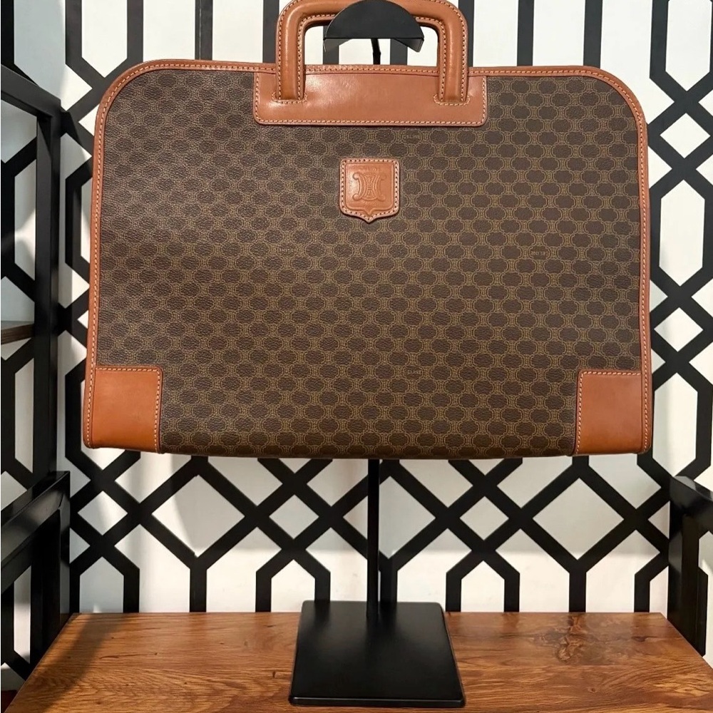 Celine Brown Monogram Laptop Briefcase with Tan Leather Trim